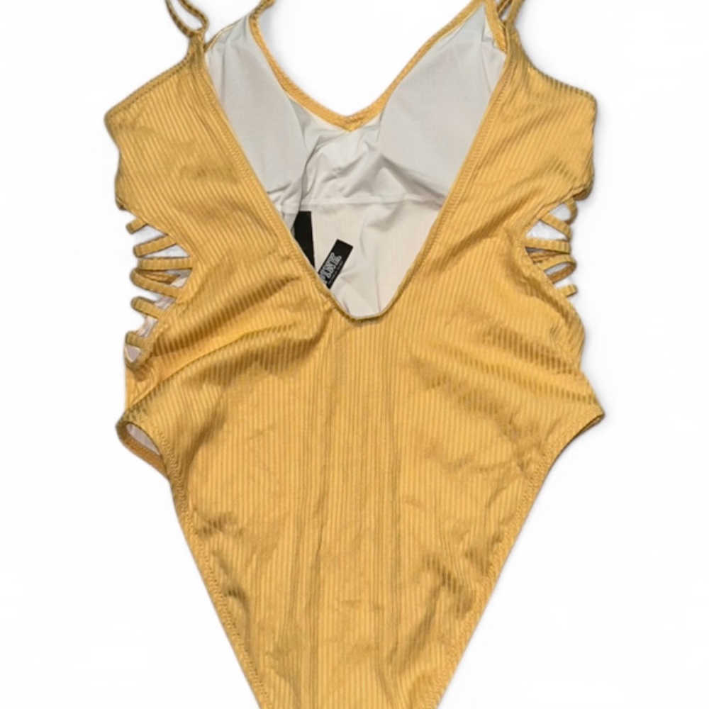 Victoria's Secret Yellow and White Ribbed One Piece Swimsuit Cutouts‎ Cheeky NWT - Picture 2 of 3
